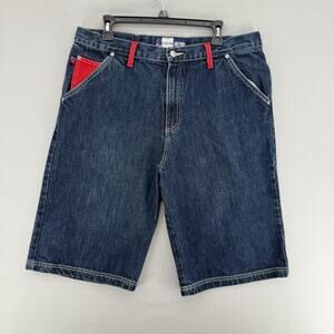 Vintage COOGI Down Under Blue Mens 34 Y2K Blue Denim Jean Shorts Red Accents
